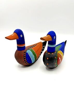 Hand Painted Wooden Duck Pair Figurines Folk Art Decor Wedding Ducks Set of 2